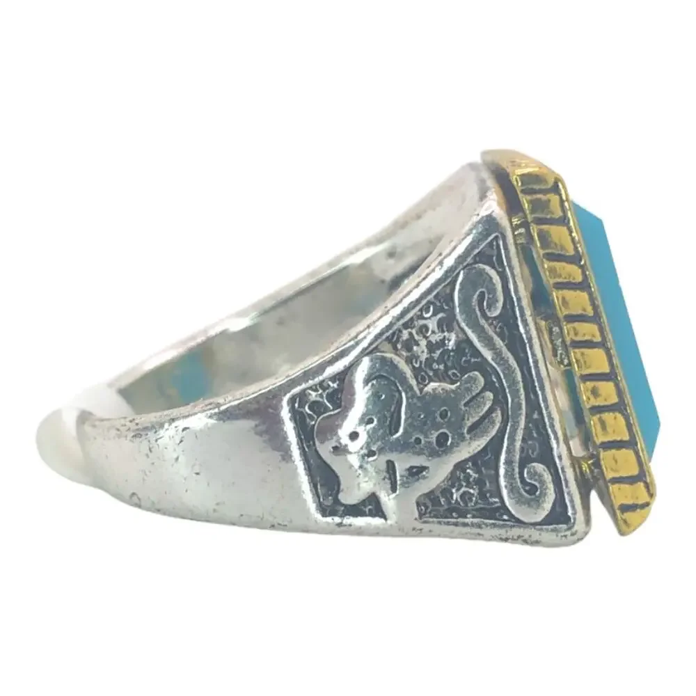 Silver and Gold Boho Ring with Blue Stone - Size 8.5